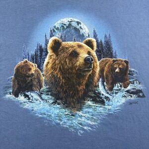 Brown Bear Alaska Shirt Mens Large Blue Wildlife Graphic T-Shirt Hanes Beefy-T